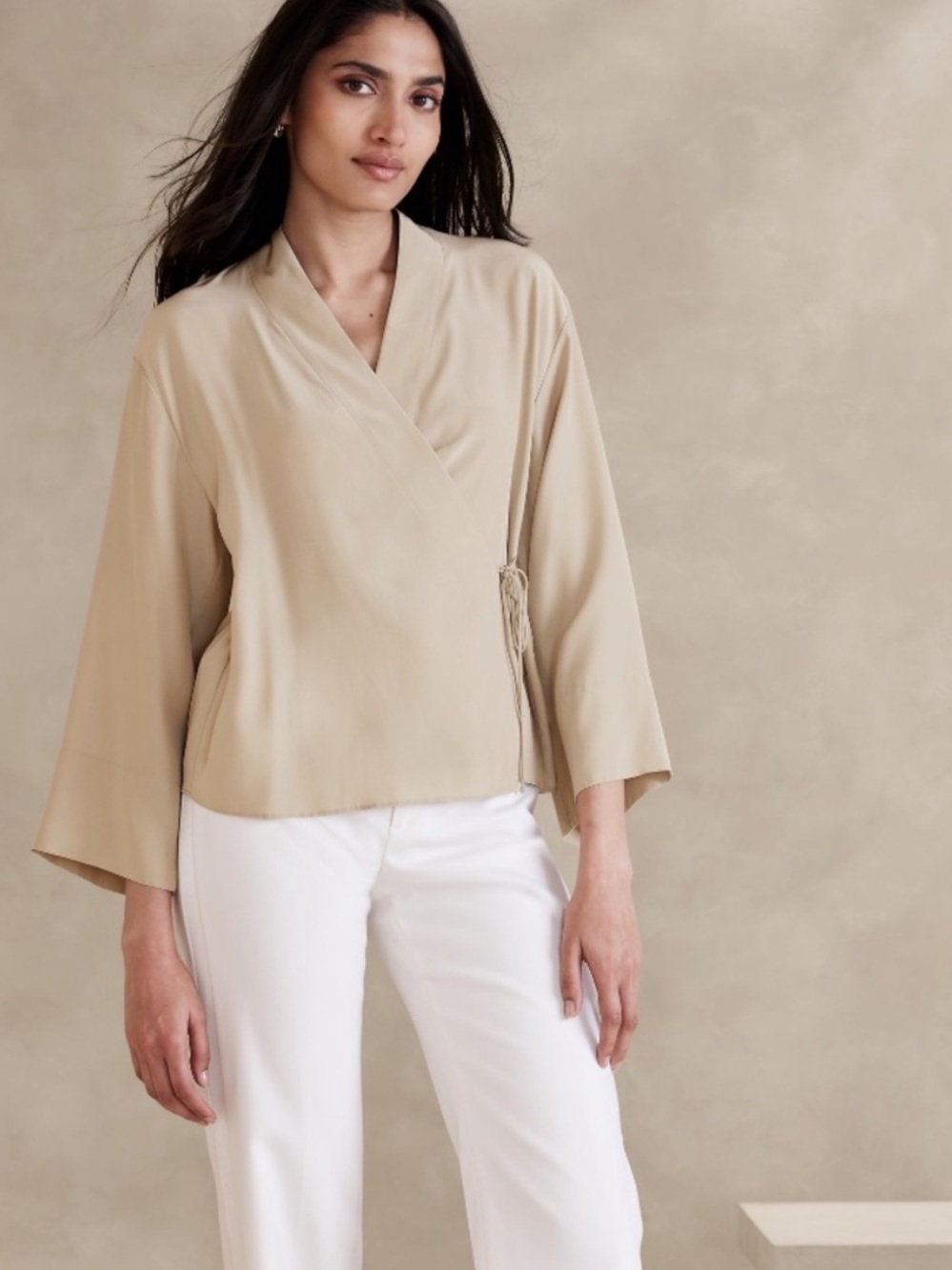 Banana Republic Alisa Beige Wrap-Style Long-Sleeve Top